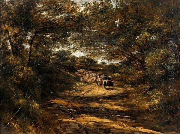 Three Figures Driving Sheep On A Shaded Lane Oil Painting by David Cox Snr.