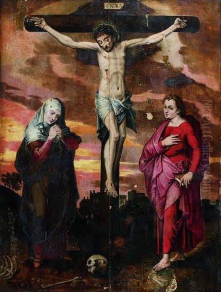 Le Christ En Croix Entre La Vierge Marie Et Saint Jean L'evangeliste Oil Painting by Michiel Van Coxcie