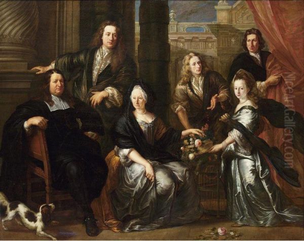 A Family Portrait Of Simon And Anne Van Haecht (1632-?) With Their Sons Rombaut Francois, Adrien (1676-1727), Christophe And Their Daughter, All Standing And Seated Full-length, Before Classical Architecture Oil Painting by Jan Anthonie Coxcie