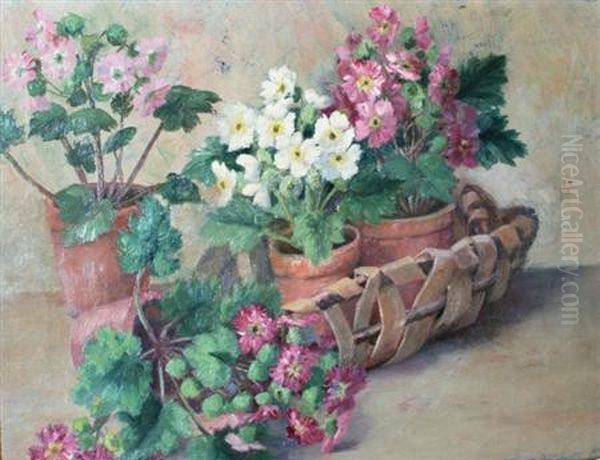 Still Life With Flowers In A Basket Oil Painting by Anna L. Coy