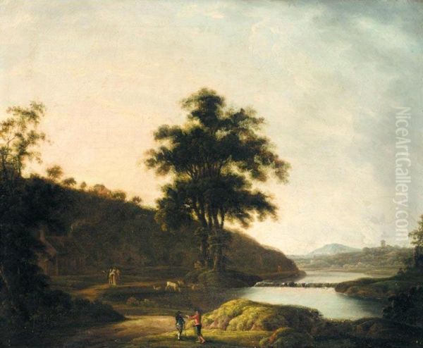 An Extensive River Landscape With Figures In The Foreground Oil Painting by James B. Coy