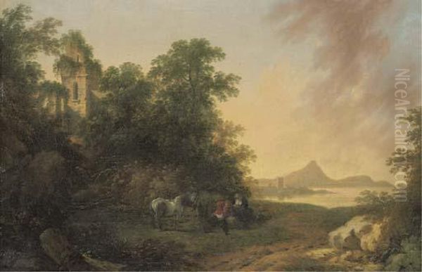 A Wooded Coastal Landscape With Figures And A Pony Resting Beside A Path And A Ruined Tower Oil Painting by James B. Coy