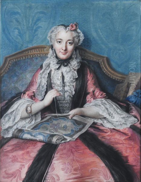 Portrait De Femme A Son Ouvrage Oil Painting by Charles-Antoine Coypel