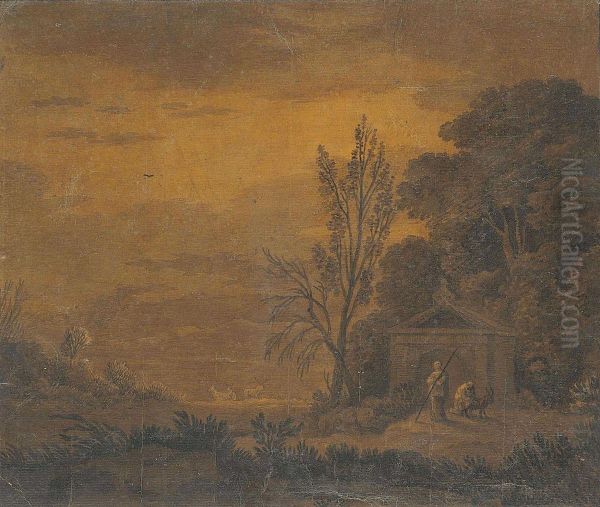 A Wooded Landscape With Two Figures And A Goat Before A Classical Temple Oil Painting by Alexander Cozens