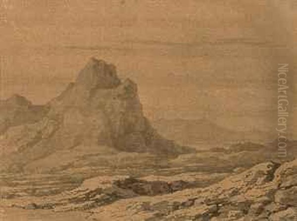 A Mountain Peak In A Rocky Landscape Oil Painting by Alexander Cozens