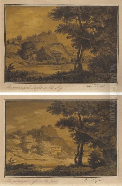 Two Landscape Studies Oil Painting by Alexander Cozens