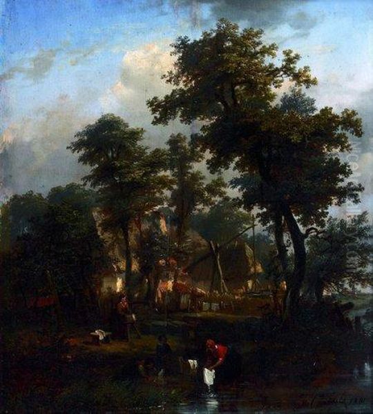 Lavandieres A La Riviere Devant Une Cour De Ferme Oil Painting by Florent Nicolas Crabeels