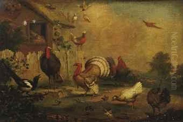 Turkeys, A Cockerel, Hens And Other Fowl And Birds By Ahen-house Oil Painting by Marmaduke Cradock