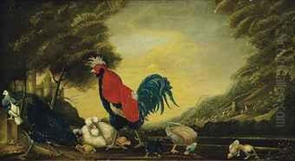 A Cockerel, Hens, Chicks And A Mallard In A Wooded Landscape, Acastle Beyond Oil Painting by Marmaduke Cradock