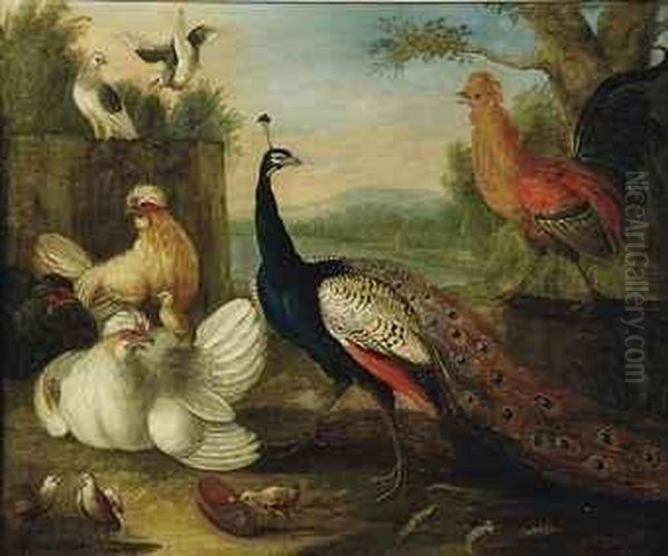 A Peacock, Poultry And Doves In A Wooded Lakeside Landscape Oil Painting by Marmaduke Cradock