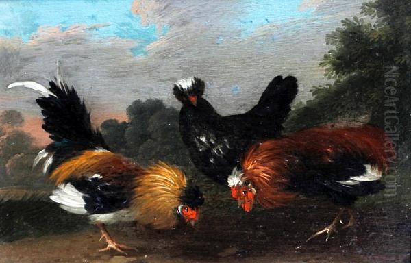 Cockerels And Hens In A Landscape Oil Painting by Marmaduke Cradock