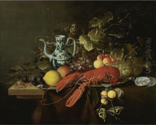 Still Life With A Lobster On A Pewter Plate, Lemons, Grapes,apricots, Oysters Oil Painting by Laurens Craen