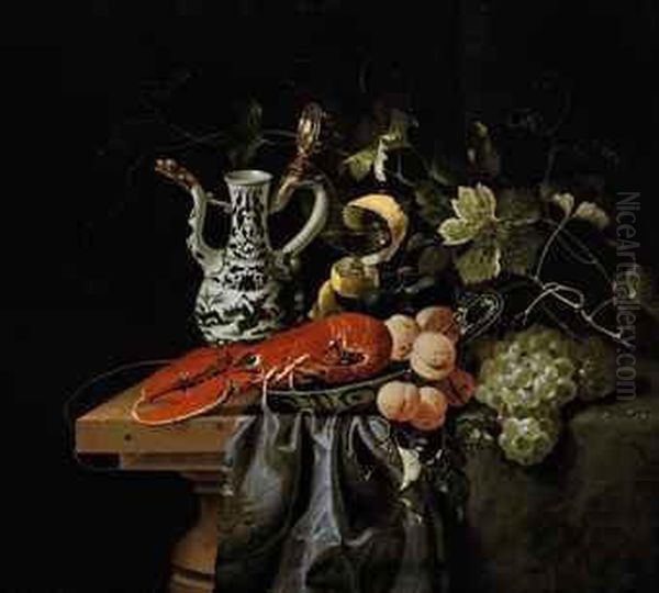 A Lobster, Apricots And Plums In A Wan-li Kraak Oil Painting by Laurens Craen