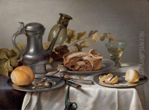 Dejeuner Sur Une Table Avec Un Pichet En Etain, Une Tourte Et Uncitron Oil Painting by Laurens Craen