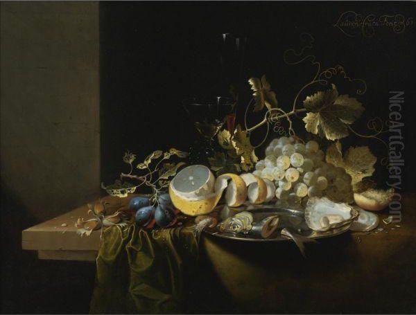 Still Life Of Hazelnuts, Grapes, Oysters And Other Foods On Adraped Table Oil Painting by Laurens Craen