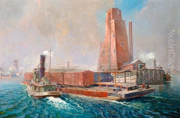 Working The Hudson River, Nyc Tugs And Barges Oil Painting by Fred Craft