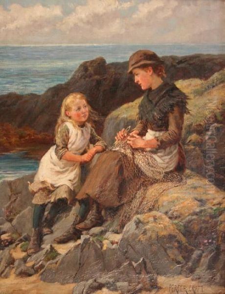 Fishergirl Repairing A Net Beside Another Girl Within A Rocky Coastal Landscape Oil Painting by Percy Robert Craft