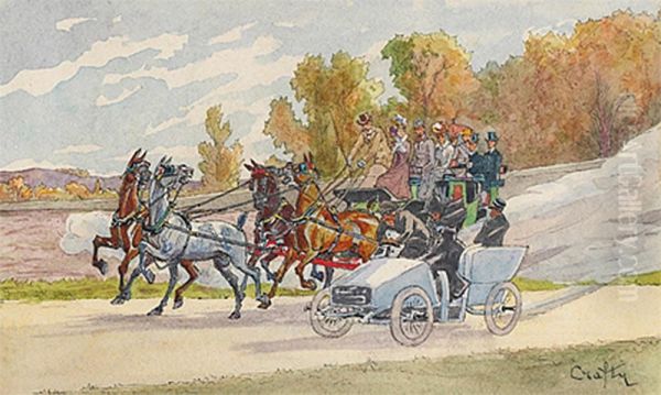 Voiture A Cheval Et Voiture A Moteur Oil Painting by Victor Geruzez, Dit Crafty