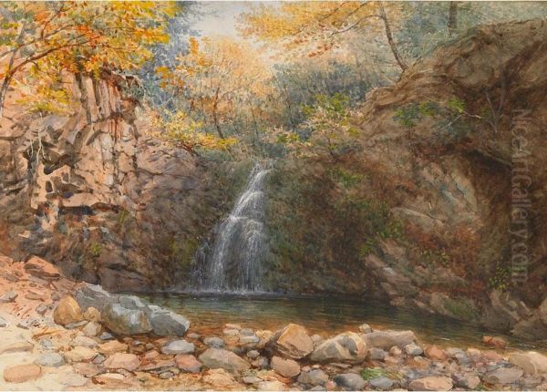 (two Rural Views, New York) Rustic Bridge Near Fishkill; Waterfall In A Forest Pool Oil Painting by William Craig