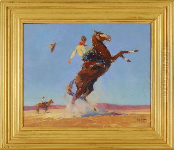 A Bronco Buster In The Desert With Another Cowboy On Horseback In The Distance Oil Painting by Allen Gilbert Cram