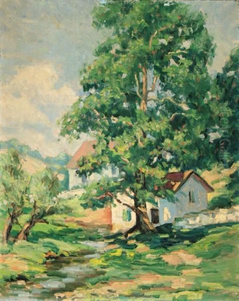 Countryside With Stream And Cottages Oil Painting by Allen Gilbert Cram