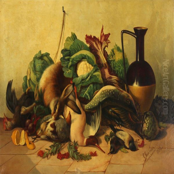 Nature Morte With Rabbit, Game Birds, Vegetables And A Jug Oil Painting by Carl Casar Cramer