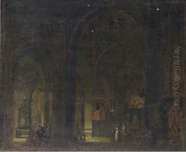 Church Interior With Figures Oil Painting by German Cramer