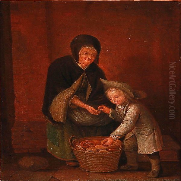 A Little Boy Buys Bread From A Baker's Wife Oil Painting by Peter Cramer