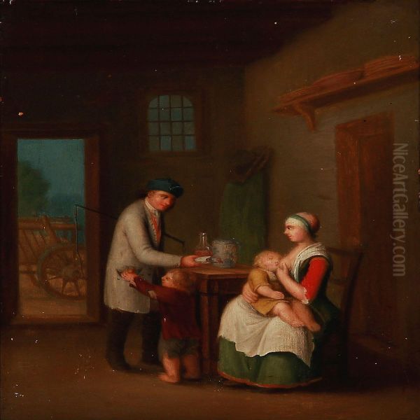 Interior With A Family Oil Painting by Peter Cramer