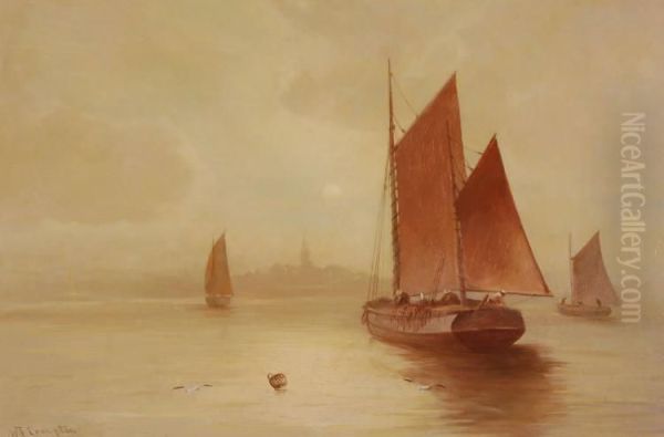 Fishing Boats In The Mist Oil Painting by William J. Crampton