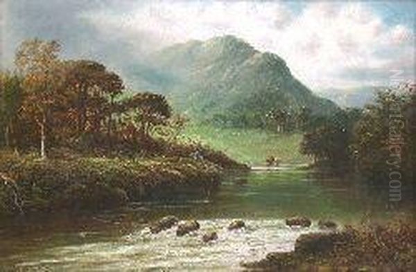 A Highland River Landscape With Fisherman Oil Painting by William J. Crampton