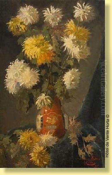 Vase Fleuri De Chrysanthemes Avec Coccinelle Oil Painting by Jules Ernest Cran