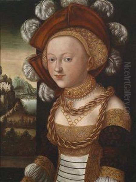 Young Lady Dressed In A Courtly Fashion Before A Landscape Oil Painting by Lucas The Elder Cranach