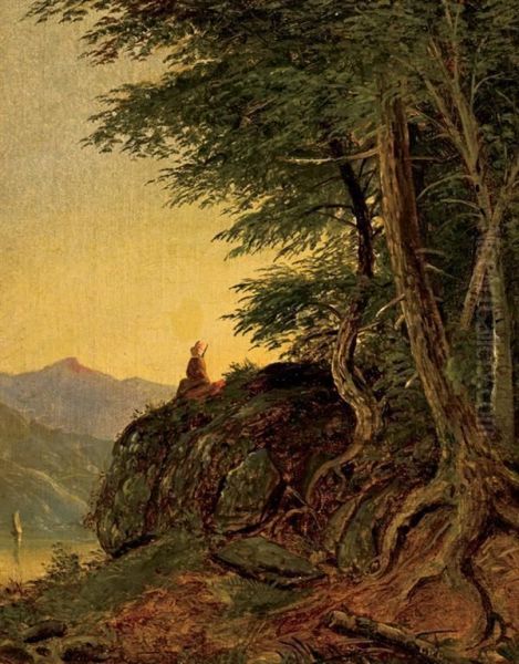 Indian Overlooking A River Oil Painting by Christopher P. Cranch