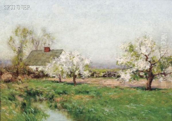 Spring Landscape With Cottage And Flowering Trees Oil Painting by Bruce Crane