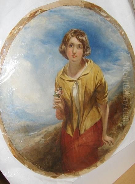 Portrait Of A Young Woman Holding A Posy, A Landscape Beyond Oil Painting by Thomas Crane