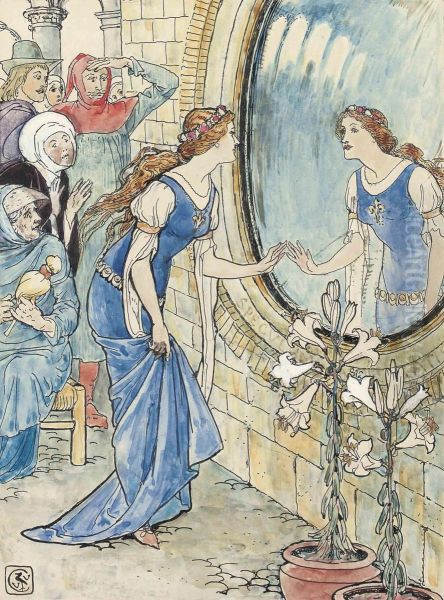 Five Illustrations For Arthur Kelly's The Rosebud And Other Tales -'the Mirror' (one Illustrated) Oil Painting by Walter Crane