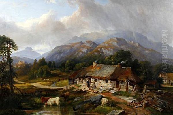 Woman And Cattle Before A Highland Croft Oil Painting by James Hall Cranstoun