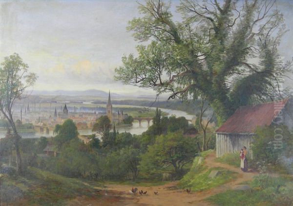 Perth Seen From A Distance With A Cottage And Figures In Theforeground Oil Painting by James Hall Cranstoun