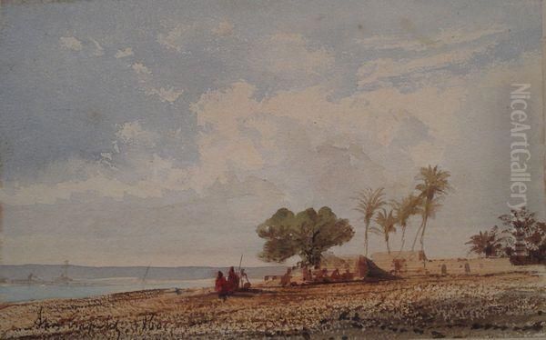 Paysage Orientaliste Anime Oil Painting by Louis Amable Crapelet