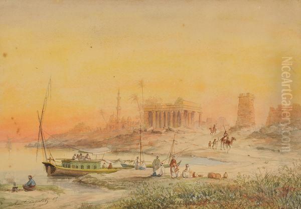 Felouques Au Pied Des Ruines Oil Painting by Louis Amable Crapelet