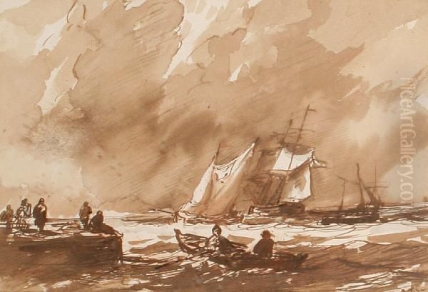 Shipping Off Harbour With Figures Onjetty Oil Painting by Edmund Thornton Crawford