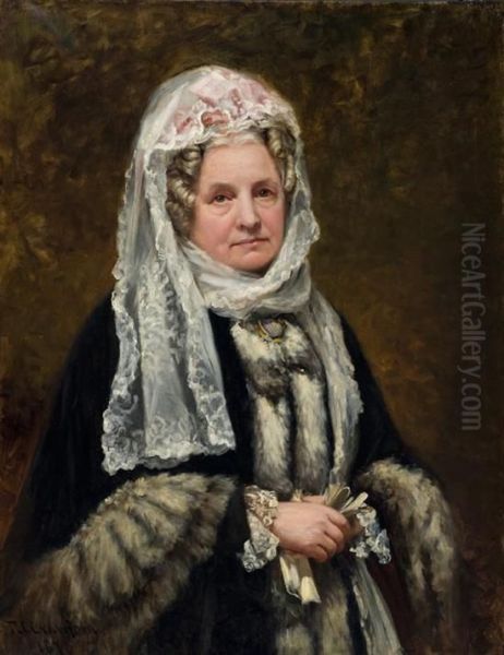 Portrait Of A Woman Wearing A Fur Trim Coat And White Lace Headpiece Oil Painting by Robert Crawford