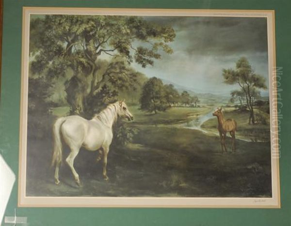 Print Of Two Horses In Landscape Oil Painting by Susan F. Crawford