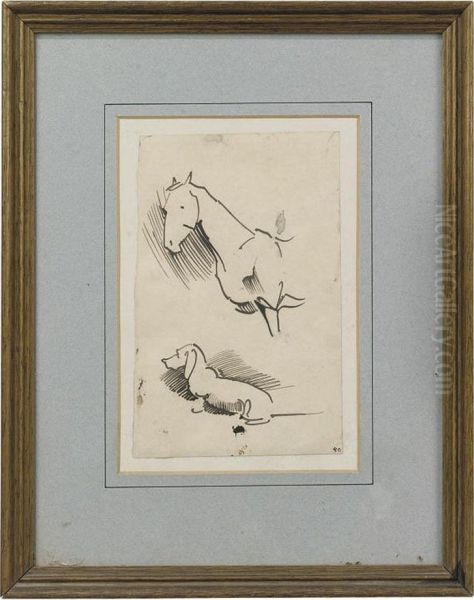 Two Sketches - A Horse And A Daschund Oil Painting by Joseph Ii Crawhall