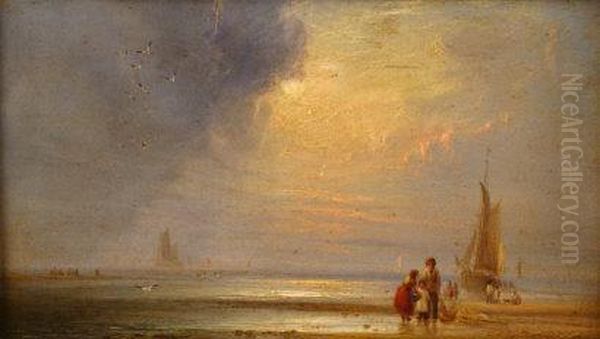 A Coastal Scene With Children On The Beach With Nets Oil Painting by William Crawhall