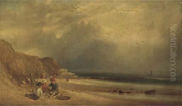 Children Playing On A Beach Oil Painting by William Crawhall