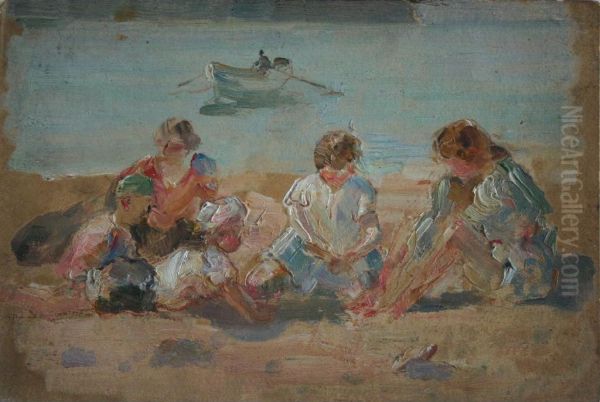 Figures On A Beach Oil Painting by Lionel Townsend Crawshaw