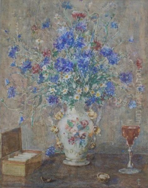 Still Life Of Flowers With A Wine Glass And A Cigarette Box Oil Painting by Lionel Townsend Crawshaw