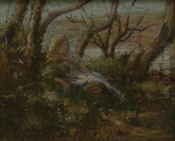 Girl In The Trees Above Runswick Oil Painting by Lionel Townsend Crawshaw